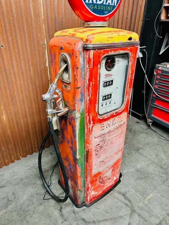 American Indian Gasoline gas pump with original patina