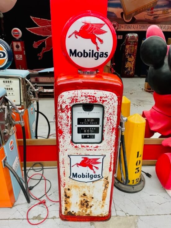Vintage 1954 Mobilgas American gas pump with original patina.